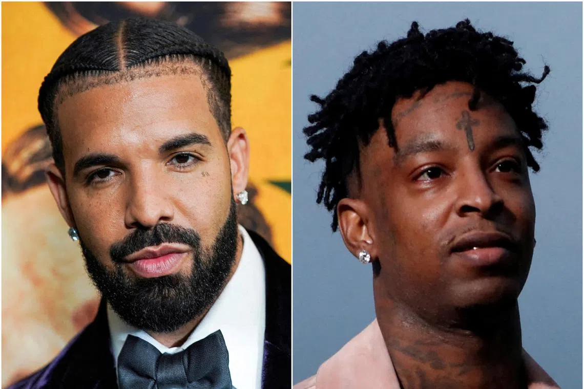 Hip-hop star Drake's (left) collaborative album with rapper 21 Savage has knocked Taylor Swift off the US album charts. 