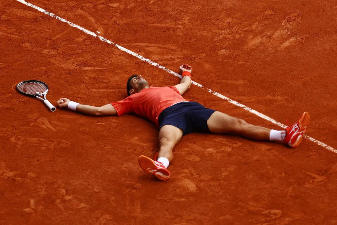 Serbia's Novak Djokovic celebrates after winning the French Open final against Norway's Casper Ruud on Sunday.