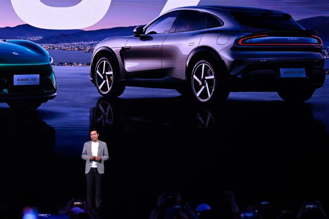 Xiaomi CEO Lei Jun at the launch of its first electric SUV, the YU7, in Beijing in June.