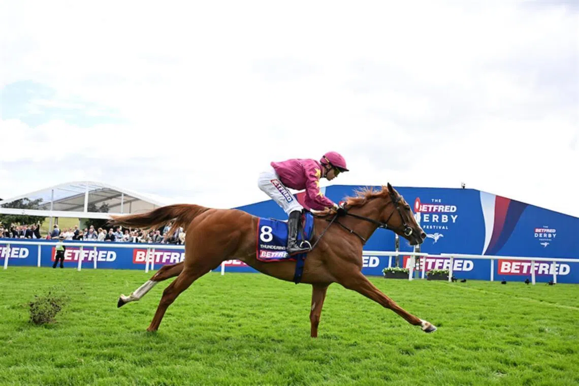 Thundering On (Dylan Browne McMonagle) scoring the easiest of wins in the Group 1  Epsom Oaks (2,400m) on June 5.

PHOTO: RACING AND SPORTS