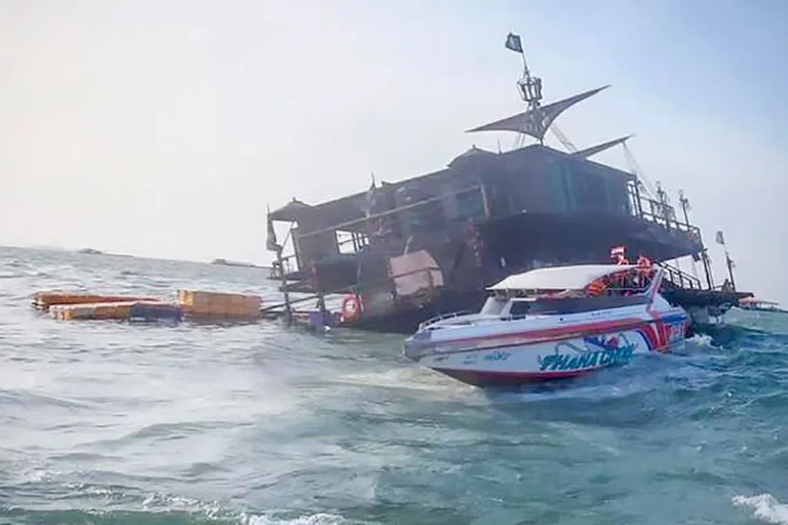 A floating pirate-themed restaurant capsized in rough seas about 2km from Pattaya, Thailand. 