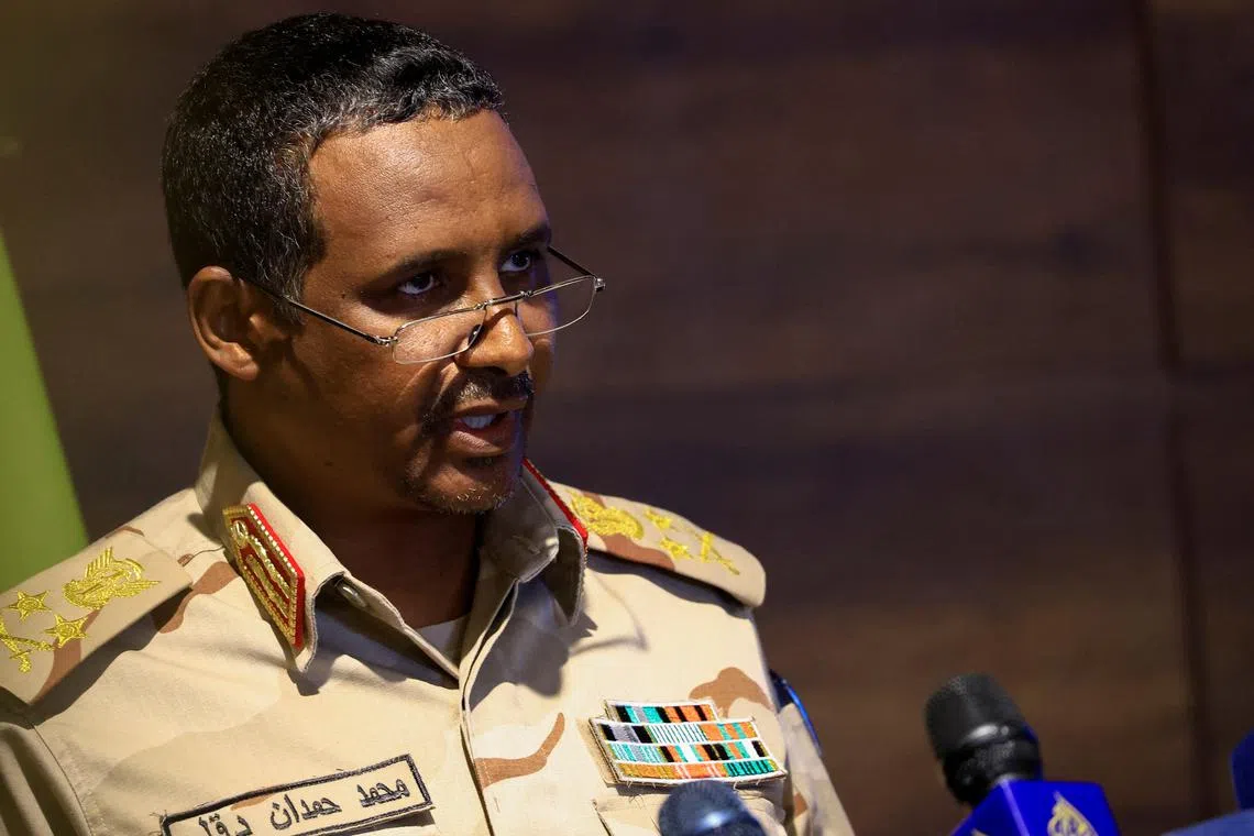 FILE PHOTO: Deputy head of Sudan's sovereign council General Mohamed Hamdan Dagalo speaks during a press conference at Rapid Support Forces head quarter in Khartoum, Sudan February 19, 2023. REUTERS/Mohamed Nureldin Abdallah/File Photo
