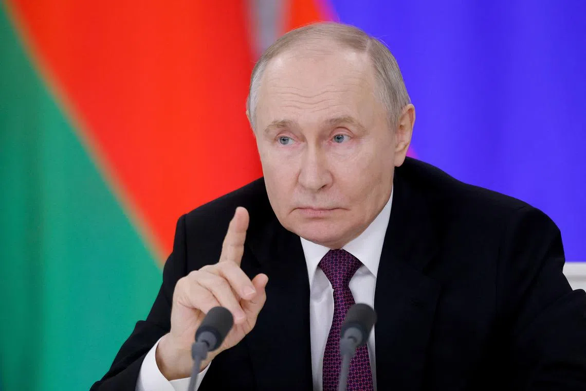 FILE PHOTO: Russia's President Vladimir Putin speaks during a press conference following a meeting with his Belarusian counterpart Alexander Lukashenko in Moscow, Russia, March 13, 2025. REUTERS/Maxim Shemetov/Pool/File Photo