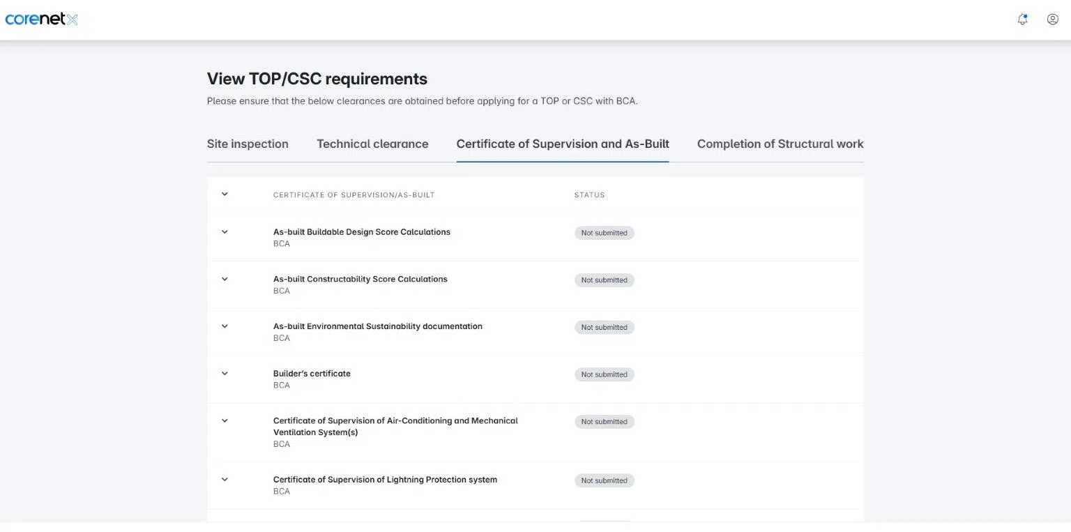 digital dashboard on the corenet x platform for managing temporary occupation permit (top) and certificate of statutory completion (csc) applications. the interface features a tracking system for qualified persons to monitor outstanding clearances and pending requirements, organised to streamline the final submission process.