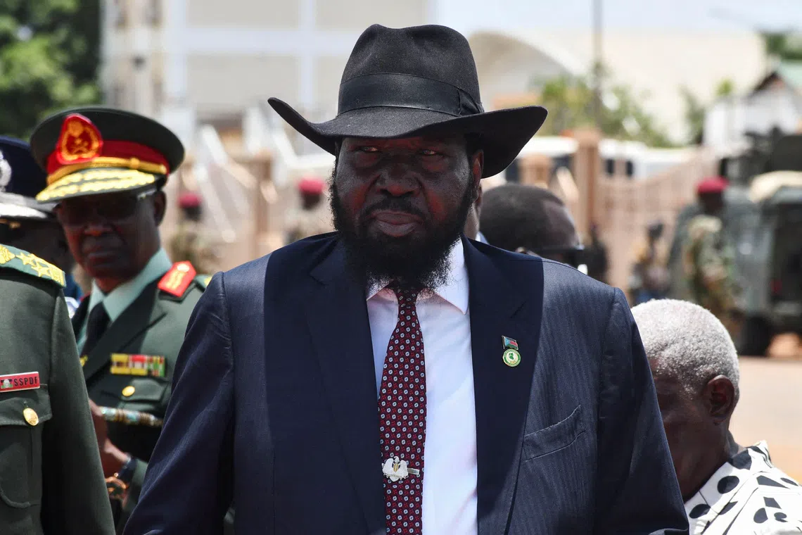 FILE PHOTO: South Sudan President Salva Kiir prepares to welcome Uganda's President Yoweri Museveni at the Juba International Airport, ahead of meetings aimed at averting a new civil war after South Sudan's First Vice President Riek Machar was placed under house arrest, in Juba, South Sudan April 3, 2025. REUTERS/Samir Bol/File Photo