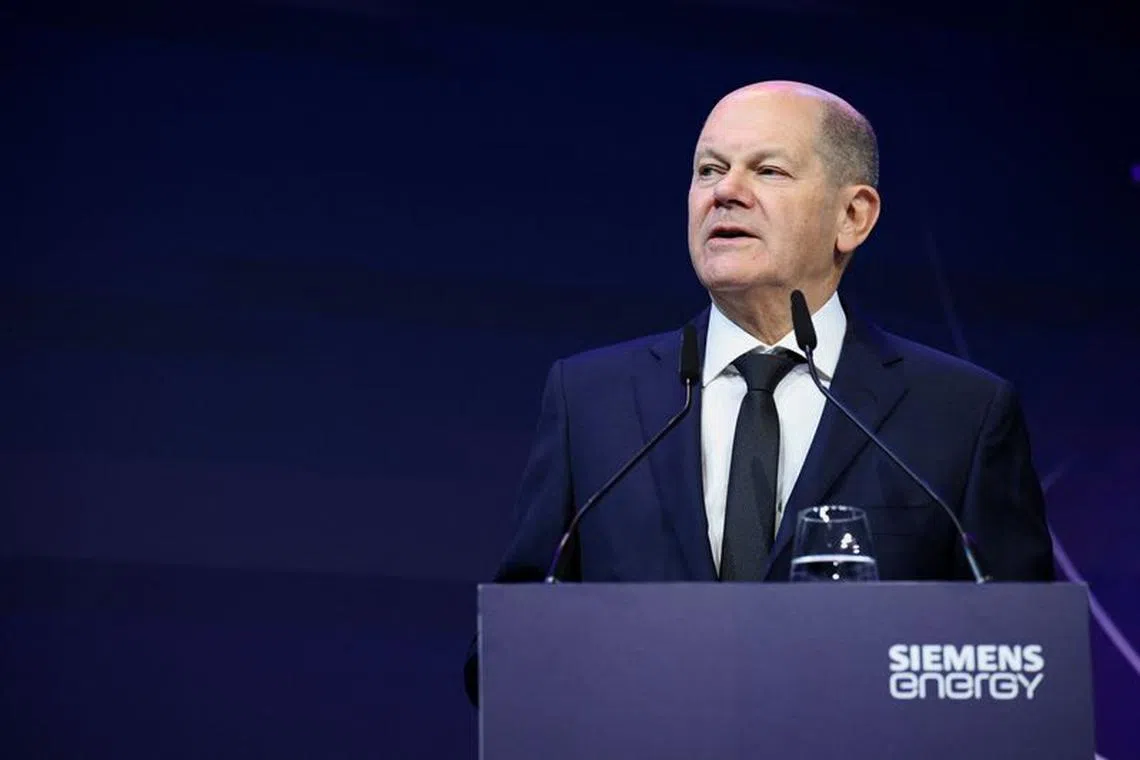 FILE PHOTO: German Chancellor Olaf Scholz delivers a speech on the day of the opening of an electrolysis gigafactory in Berlin, Germany November 8, 2023. REUTERS/Annegret Hilse/File Photo