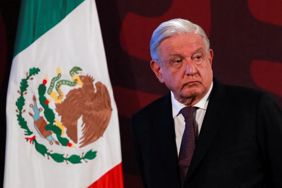 FILE PHOTO: Mexico's President Andres Manuel Lopez Obrador looks on, as Mexico's Security Minister Rosa Icela Rodriguez (not pictured) informs of the detention of drug traffickers Joaquin Guzman Lopez, El Chapo Guzman's son, and Ismael \"El Mayo\" Zambada, during a press conference at the National Palace, in Mexico City, Mexico July 26, 2024. REUTERS/Henry Romero/File Photo