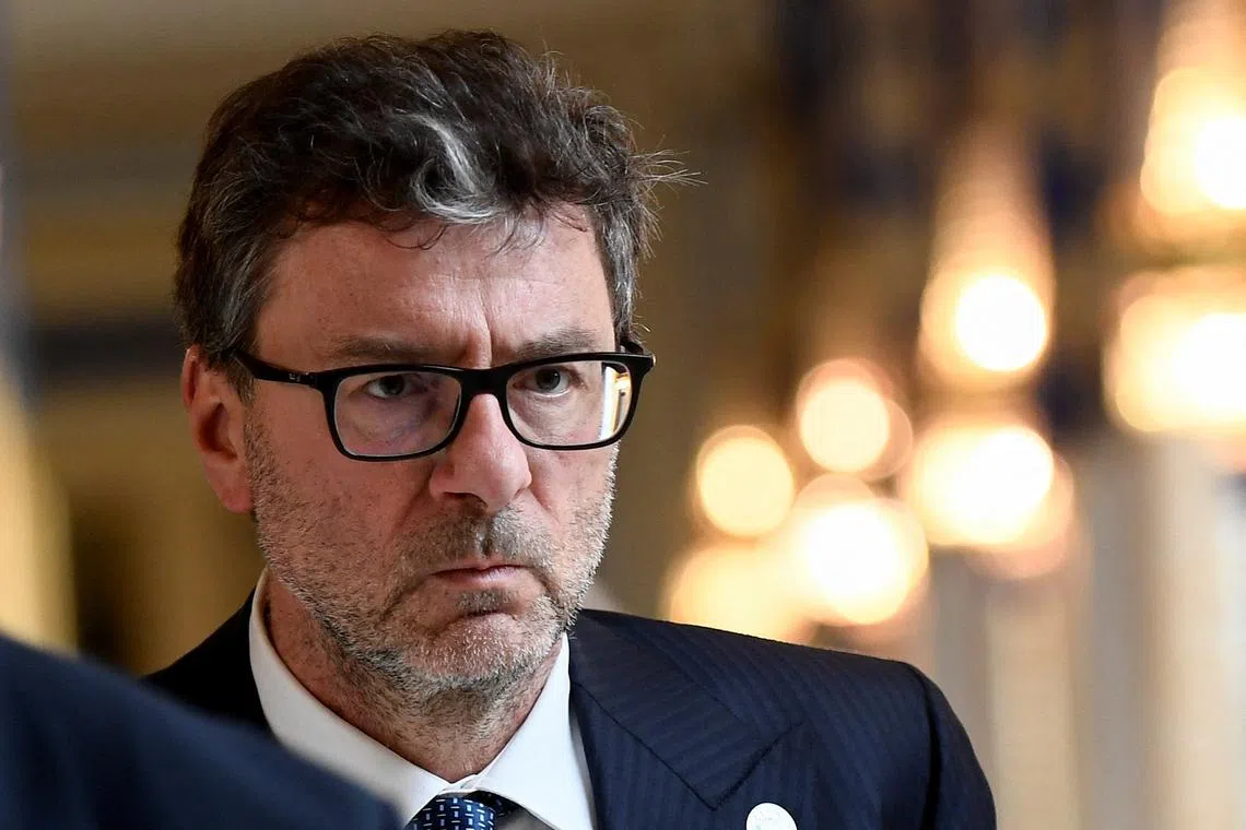 FILE PHOTO: Italy's Minister of Economy and Finance Giancarlo Giorgetti attends a press conference during the G7 Finance Ministers and Central Bank Governors' Meeting in Stresa, Italy May 24, 2024. REUTERS/Massimo Pinca/File Photo
