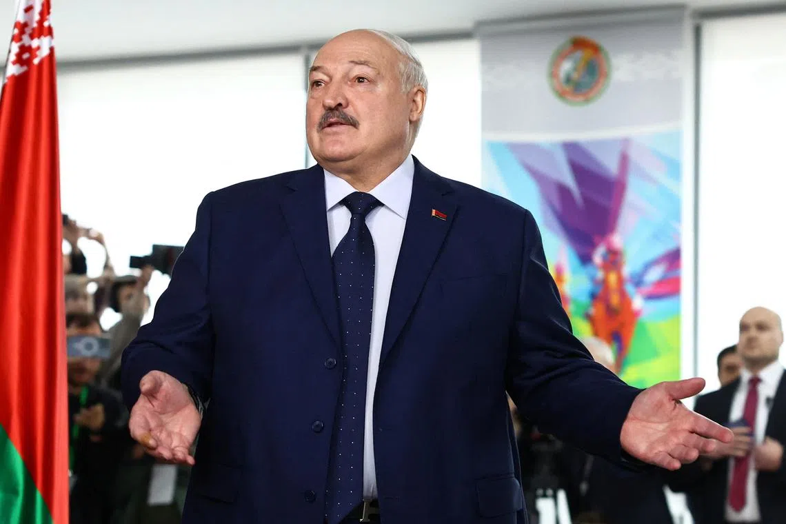 FILE PHOTO: Belarusian President and presidential candidate Alexander Lukashenko visits a polling station during the presidential election in Minsk, Belarus January 26, 2025. REUTERS/Evgenia Novozhenina/ File Photo