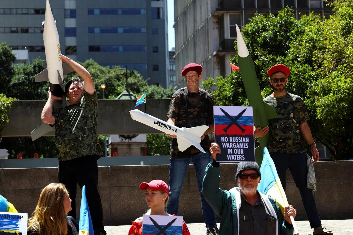 People protest outside the Russian Consulate in Cape Town in February, against controversial naval drills between South Africa, Russia and China.