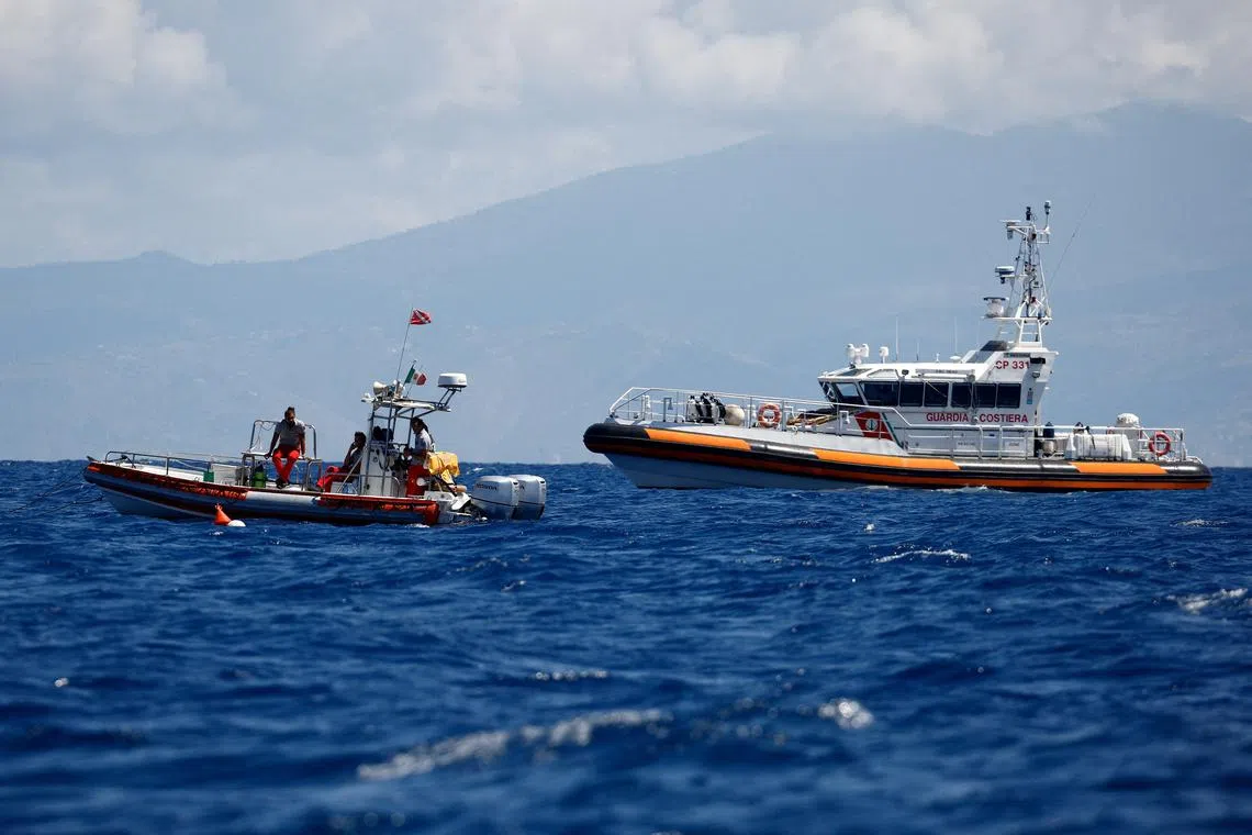 FILE PHOTO: Rescue personnel operate in search for the missing, including British entrepreneur Mike Lynch, in the area where a luxury yacht sank off the coast of Porticello, near the Sicilian city of Palermo, Italy, August 21, 2024. REUTERS/Guglielmo Mangiapane/File Photo