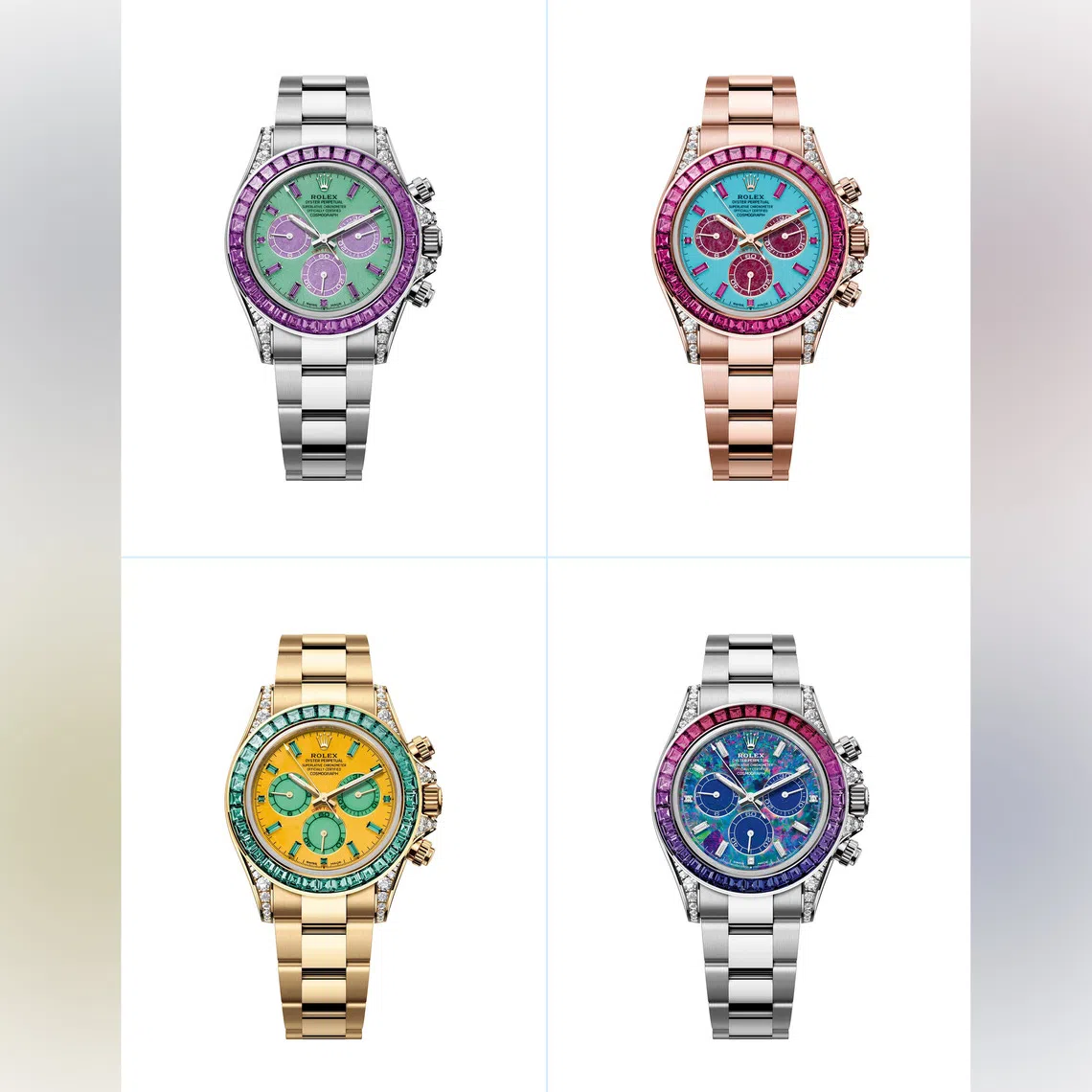 The four unique Cosmograph Daytonas representing (clockwise) Spring, Summer, Autumn and Winter.