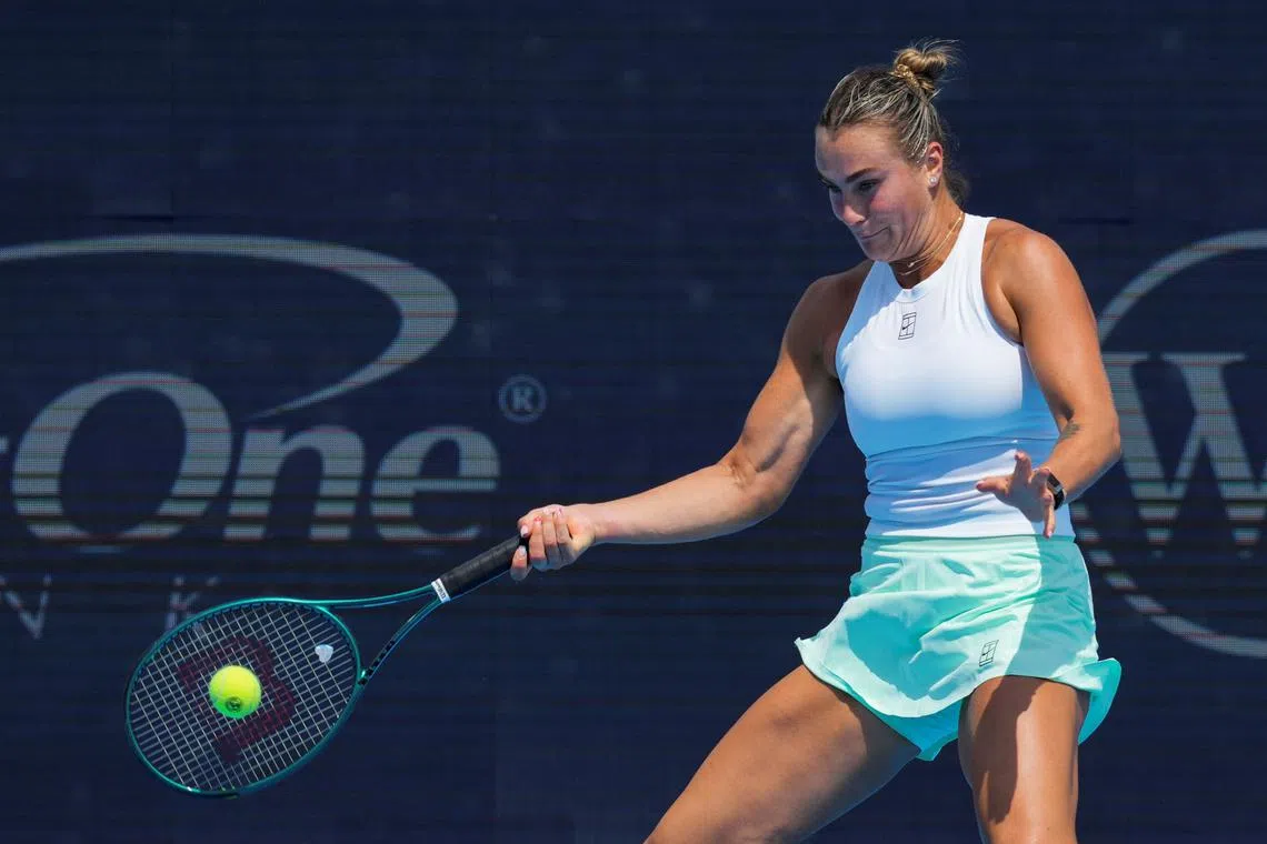 Aug 15, 2025; Cincinnati, OH, USA;  Aryna Sabalenka (BLR) returns a shot against Elena Rybakina (KAZ) during the Cincinnati Open at the Lindner Family Tennis Center. Mandatory Credit: Aaron Doster-Imagn Images/File Photo