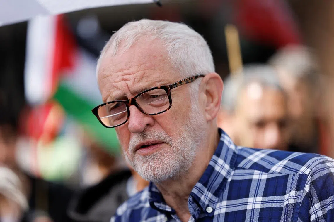 FILE PHOTO: Independent MP Jeremy Corbyn attends a protest in solidarity with Palestinians in Gaza, amid the ongoing conflict between Israel and Hamas, in London, Britain, July 6, 2024. REUTERS/Clodagh Kilcoyne/File Photo