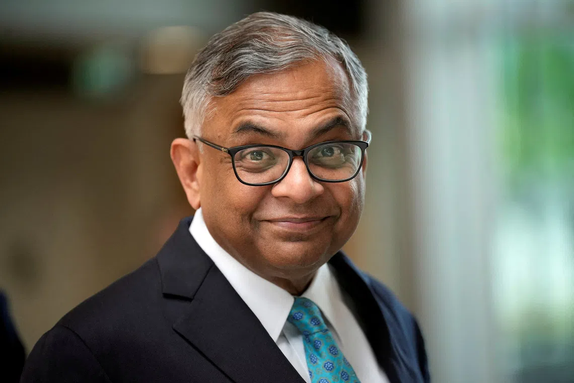 FILE PHOTO: Chairman of the Board at Tata Sons, Natarajan Chandrasekaran, visits Land Rover for an announcement on a new electric car battery factory on July 19, 2023 in Warwick, England.  Christopher Furlong/Pool via REUTERS/File Photo
