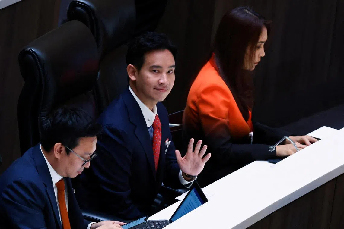 Move Forward Party Leader Pita Limjaroenrat gestures during a voting session for a new prime minister at the Parliament, in Bangkok, Thailand, on July 13, 2023.