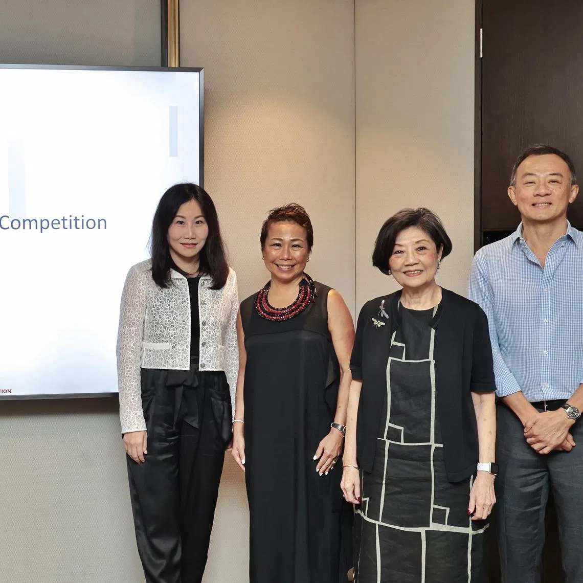 Panel of judges of anti-scam mascot design competition, launched by The Association of Banks in Singapore (ABS) on April 16 at the MAS Building. The fifth judge, Mr Tommy Lim, Creative Director, SPH Content Lab, was not present at the launch on April 16. (From left) Ms Loretta Yuen, Chair of the ABS Standing Committee on Fraud, Customer Education Workstream, and Head of Group Legal and Compliance, OCBC Bank, Ms Karen Ngui, Head of Group Strategic Marketing & Communications at ABS Chairman bank, DBS Bank, Mrs Ong-Ang Ai Boon, Director of ABS, and Mr Ng Khee Jin, Council Member of the National Crime Prevention Council and Creative
Partner, Kheej LLP. 
