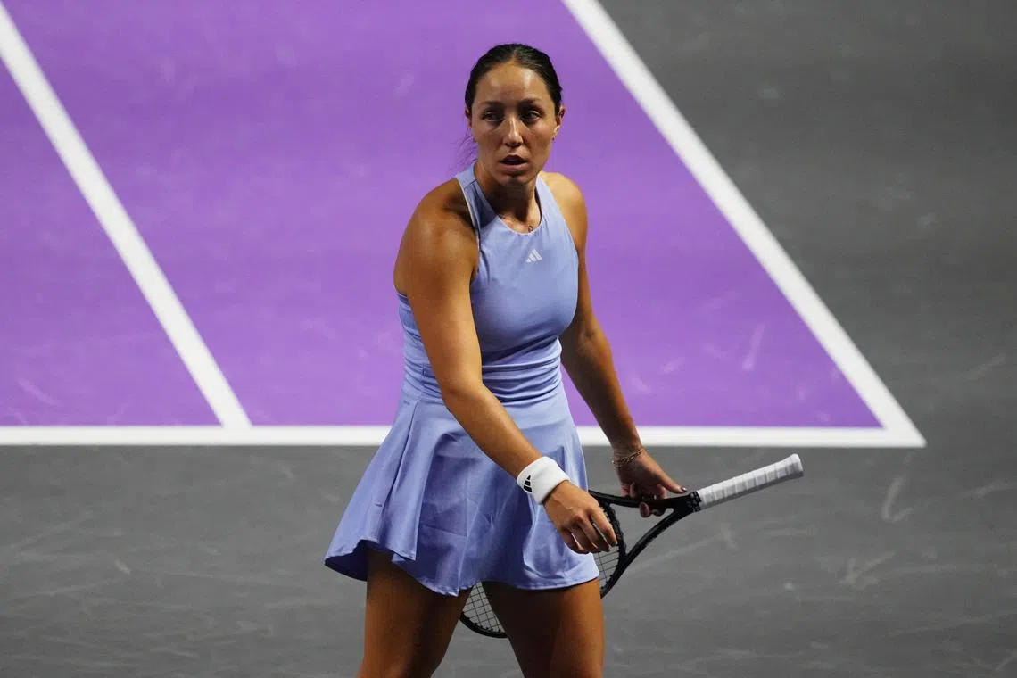 FILE PHOTO: Tennis - WTA Finals - King Saud University Indoor Arena, Riyadh, Saudi Arabia - November 5, 2024 Jessica Pegula of the U.S. reacts during her women's singles group stage match against Czech Republic's Barbora Krejcikova REUTERS/Aleksandra Szmigiel/File Photo
