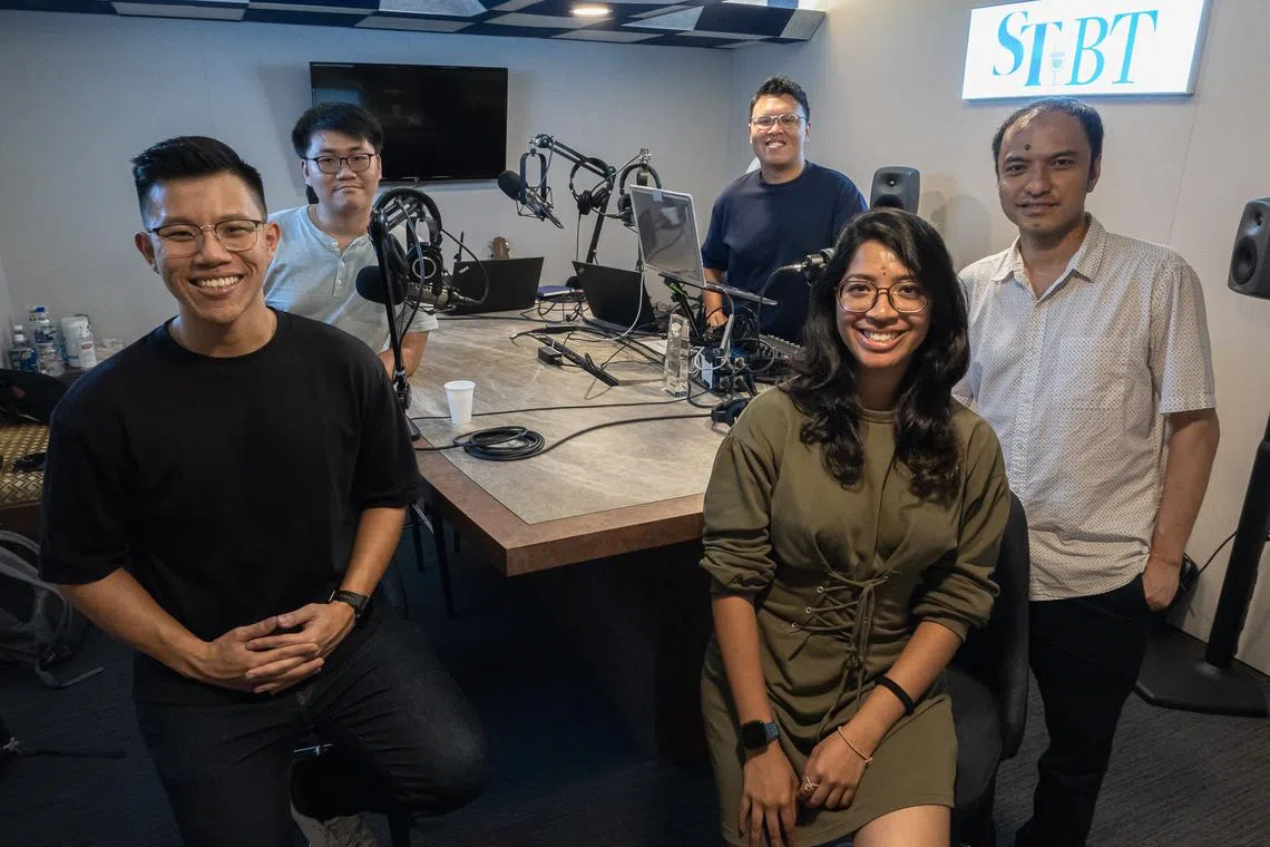 Kenneth Lou (first row, left), Shubaashini Vijayamohan (front row, right) spoke to ST business journalist Tay Hong Yi (second row, left), podcast producer Hadyu Rahim (second row, centre) and podcast editor Ernest Luis (second row, most right).
