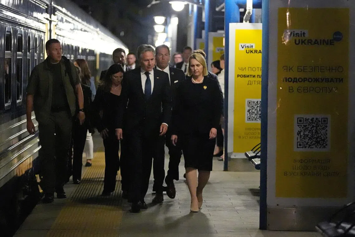 U.S. Secretary of State Antony Blinken is accompanied by U.S. Ambassador to Ukraine Bridget Brink as he prepares to depart the train station in Kyiv, Ukraine, September 11, 2024. Mark Schiefelbein/Pool via REUTERS