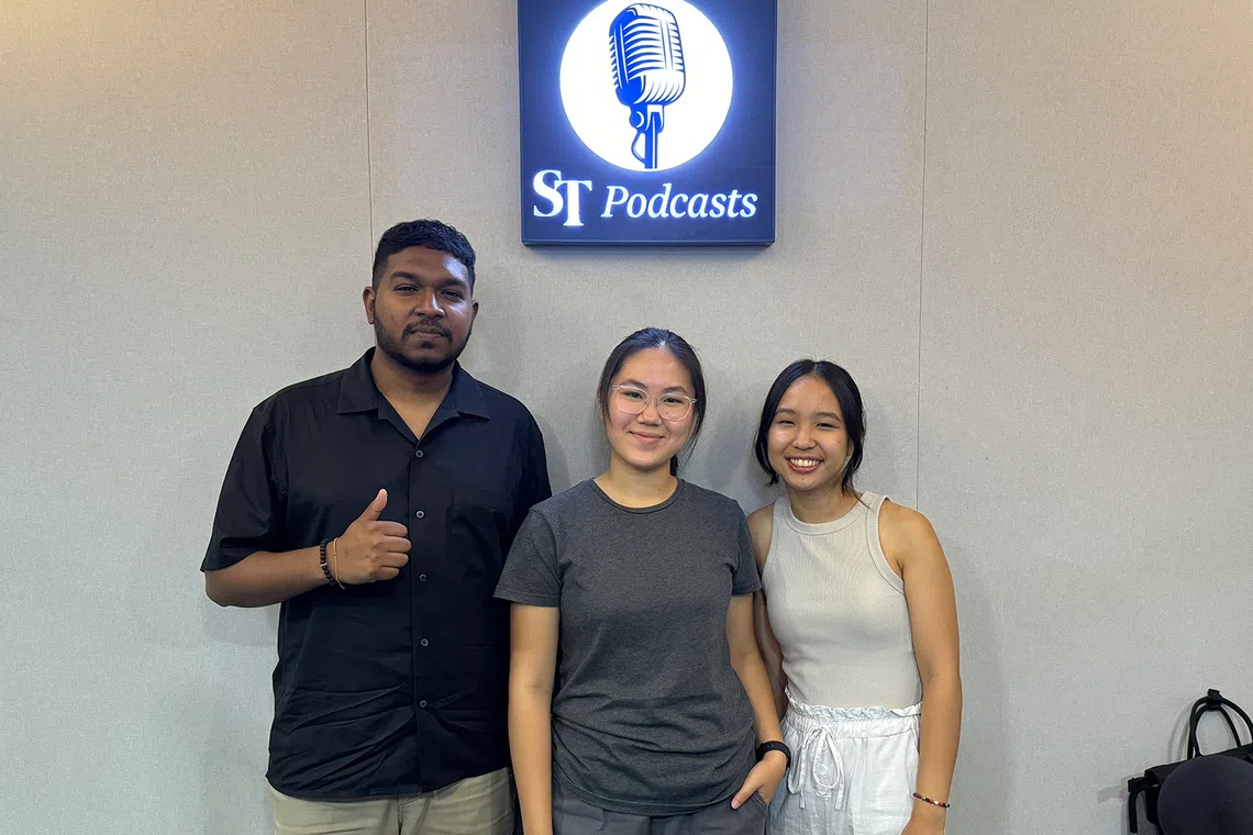 (From left) ST sports reporter Deepanraj Ganesan along with Singaporean NTU students Heng Yi-Hsin and Charis Chua at the ST podcast studio.