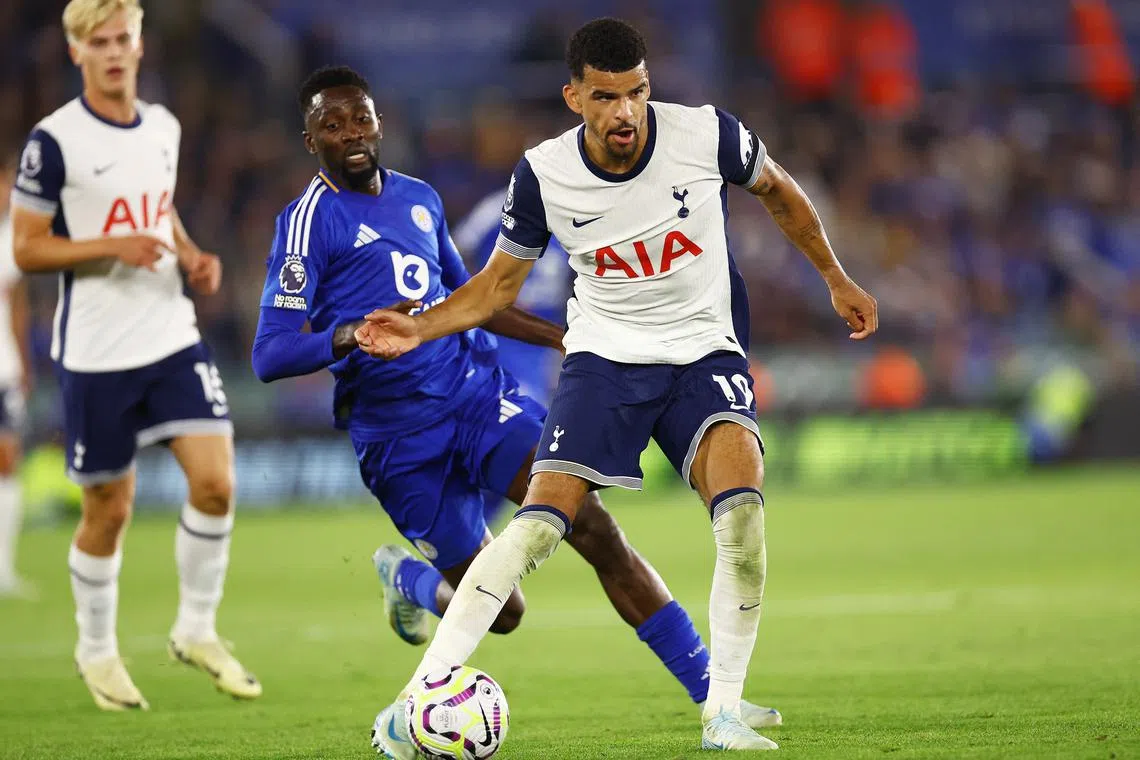 FILE PHOTO: Soccer Football - Premier League - Leicester City v Tottenham Hotspur - King Power Stadium, Leicester, Britain - August 19, 2024 Tottenham Hotspur's Dominic Solanke in action REUTERS/Hannah Mckay