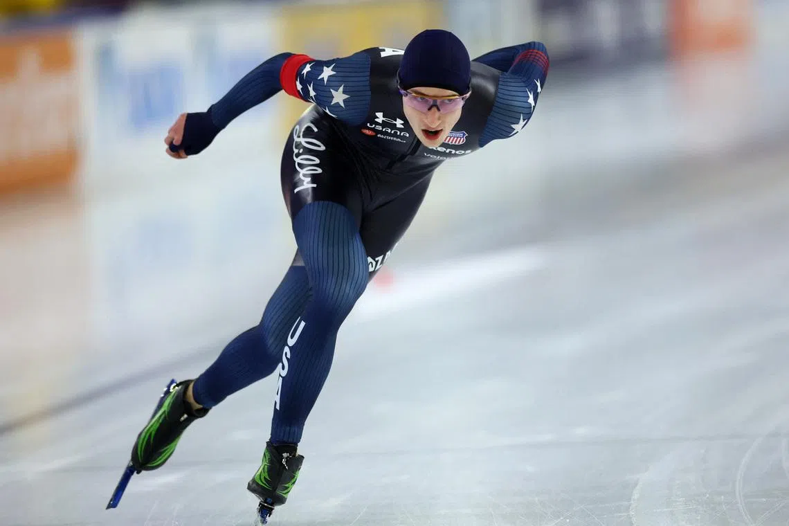 Speed Skating - ISU Speed Skating World Championships - Thialf, Heerenveen, Netherlands - March 7, 2026 Jordan Stolz of the U.S. in action during the men's 5000m. REUTERS/Piroschka Van De Wouw