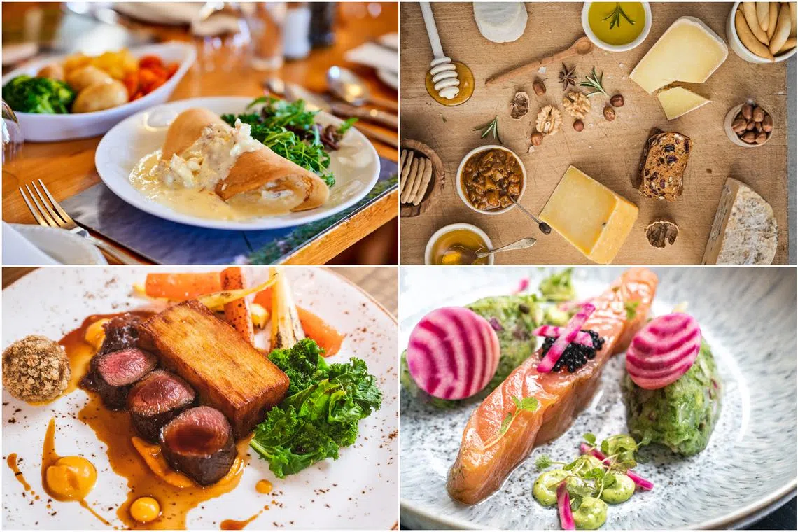 (Clockwise from top left) Arbroath Smokie pancake, selection of Scottish cheese, Douglas fir cured salmon, and Avon valley roe deer loin.