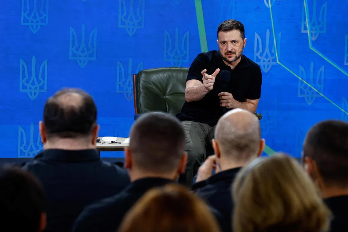Ukrainian President Volodymyr Zelensky holding a press conference in Kyiv, on Aug 27.