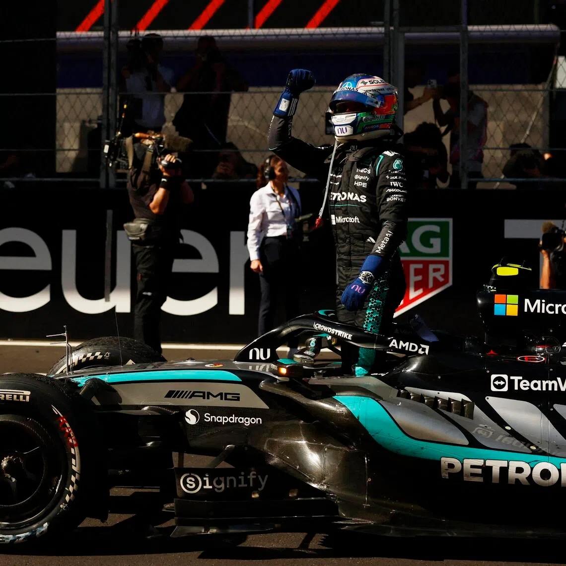 Mercedes’ Kimi Antonelli celebrating after winning the Spanish Grand Prix on Sept 13.
