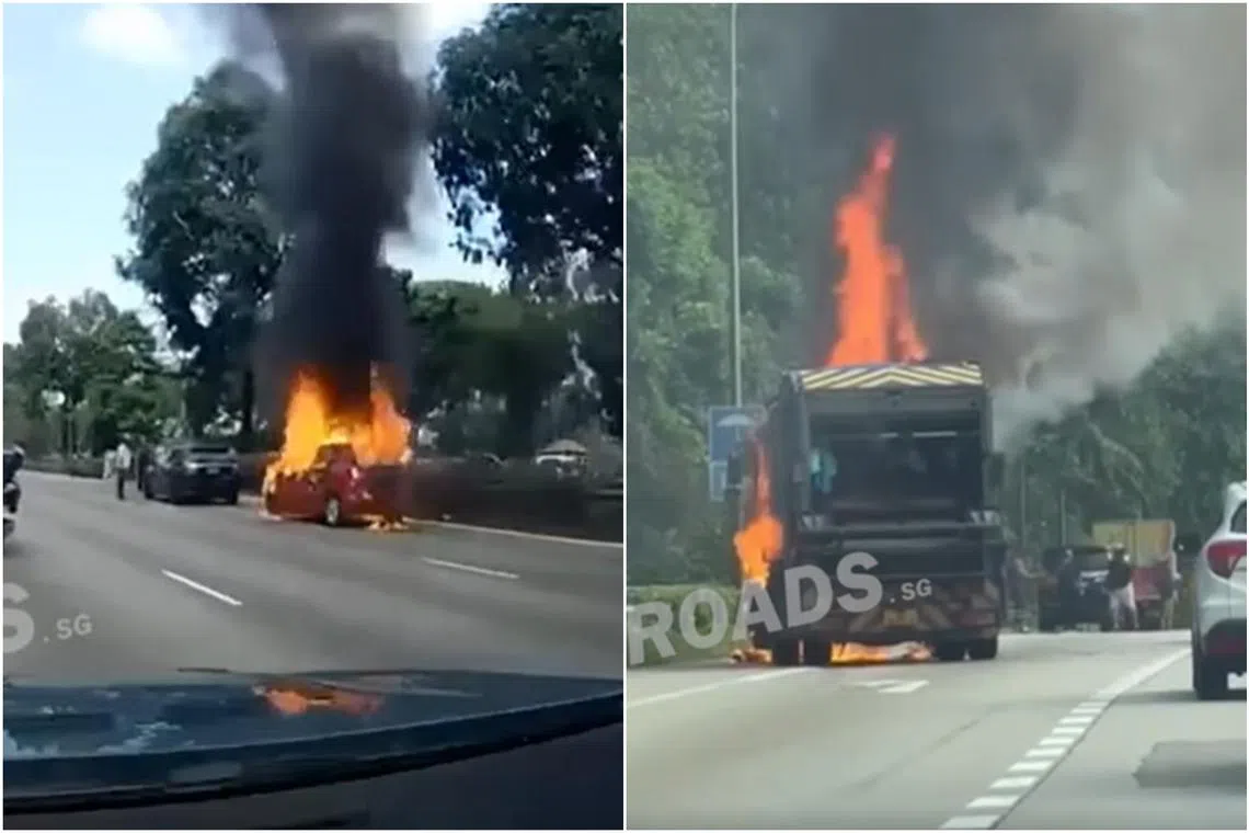 A car (left) along Pan Island Expressway and a truck along the Bukit Timah Expressway caught fire at about 3.40pm and 4.50pm respectively.