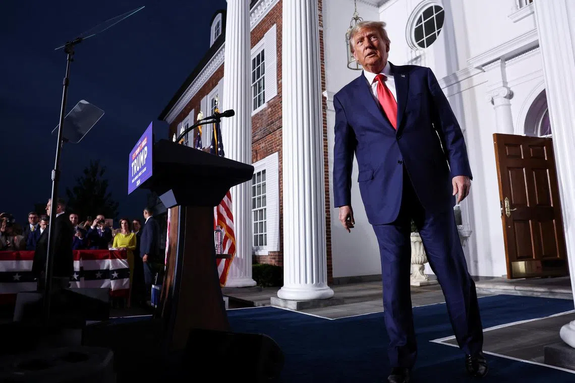 Former U.S. President Donald Trump reacts during an event following his arraignment on classified document charges, at Trump National Golf Club, in Bedminster, New Jersey, U.S., June 13, 2023. REUTERS/Amr Alfiky
