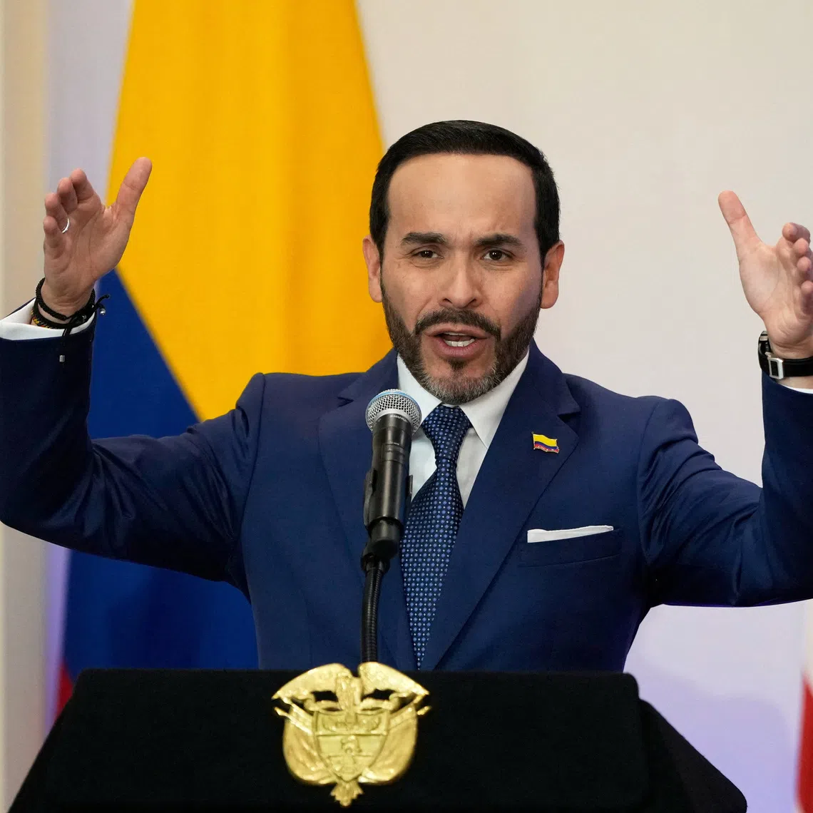 Colombian President Abelardo De La Espriella speaks during a bilateral agreements signing ceremony with U.S. Secretary of State Marco Rubio, in Barranquilla, Colombia, September 8, 2026.     Fernando Vergara/Pool via REUTERS