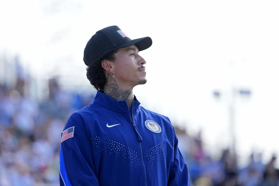 Jul 29, 2024; Paris, France; Nyjah Huston of the United States looks on from the podium after winning bronze in the men’s street finals during the Paris 2024 Olympic Summer Games at La Concorde 3. Mandatory Credit: Jack Gruber-USA TODAY Sports