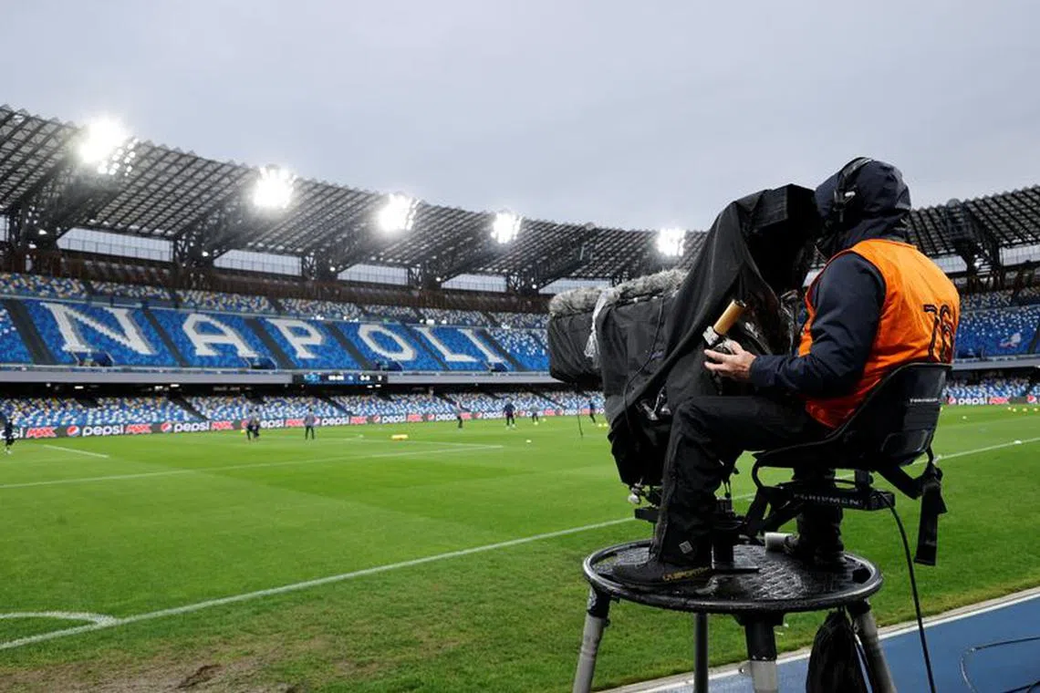Soccer Football - Serie A - Napoli v Juventus - Stadio Diego Armando Maradona, Naples, Italy - February 13, 2021 General view of a TV camera operator inside the stadium before the match REUTERS/Ciro De Luca/File photo