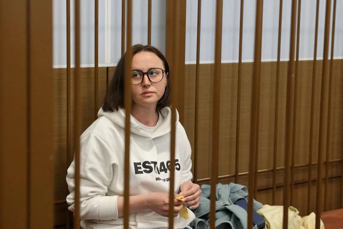 FILE PHOTO: Russian playwright Svetlana Petriychuk, detained on suspicion of justifying terrorism, attends a court hearing in Moscow, Russia May 5, 2023. REUTERS/Stringer/File Photo