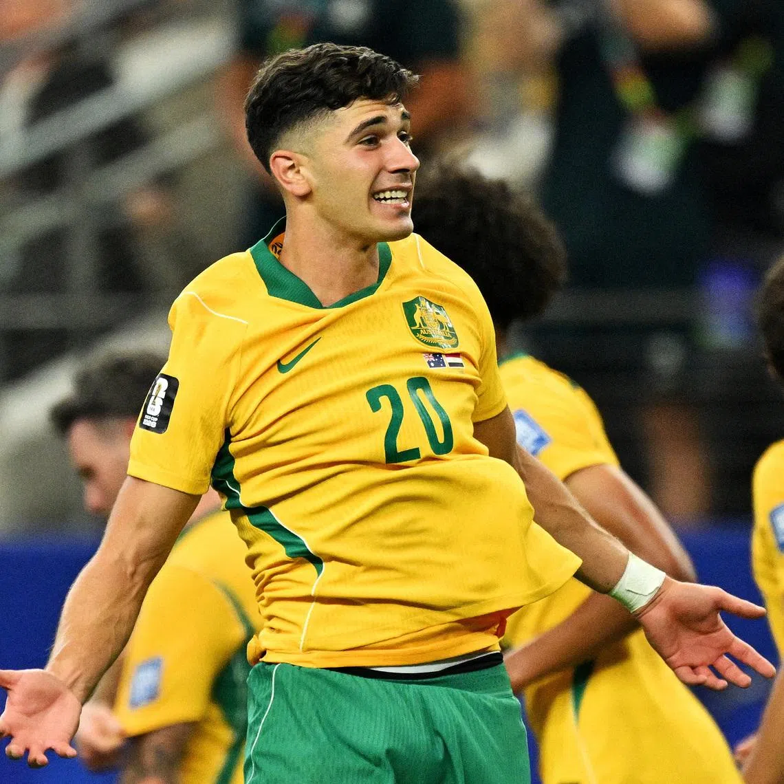 FILE PHOTO: Soccer Football - FIFA World Cup 2026 - Round of 32 - Australia v Egypt - Dallas Stadium, Arlington, Texas, U.S. - July 3, 2026 Australia's Cristian Volpato celebrates with team mates after Egypt's Mohamed Hany scored an own goal and Australia's first IMAGN IMAGES via Reuters/Jerome Miron/File Photo