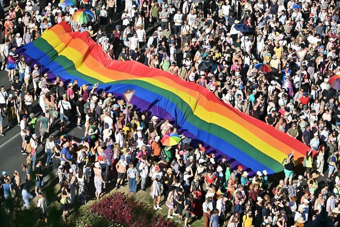 Attendees at the Budapest Pride parade on June 28, 2025. It would be up to Hungary’s new Parliament to repeal an anti-LGBTQ law, which served as a basis for the police banning Pride marches in 2025.