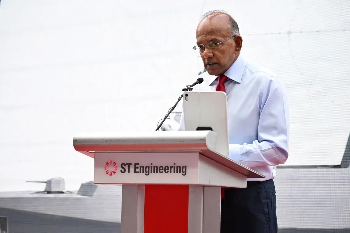 Coordinating Minister for National Security and Minister for Home Affairs K Shanmugam delivering his speech at the launch ceremony of the Republic of Singapore Navy’s second Multi-Role Combat Vessel (MRCV) Valour on 23 July.