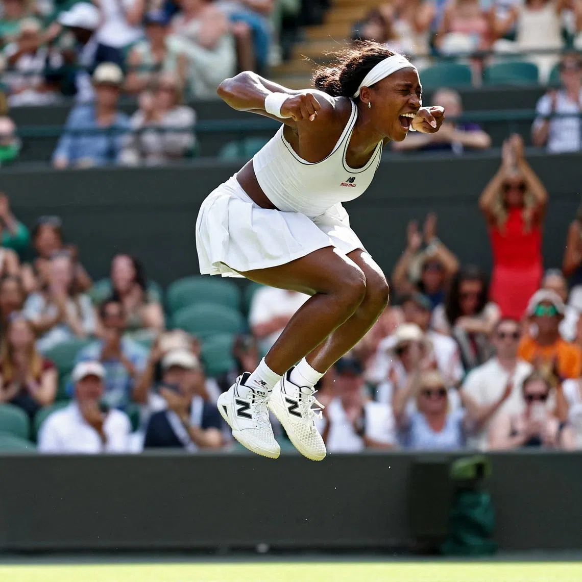 Tennis - Wimbledon - All England Lawn Tennis and Croquet Club, London, Britain - July 1, 2026 Coco Gauff of the U.S. celebrates winning her second round match against Argentina's Solana Sierra REUTERS/Toby Melville