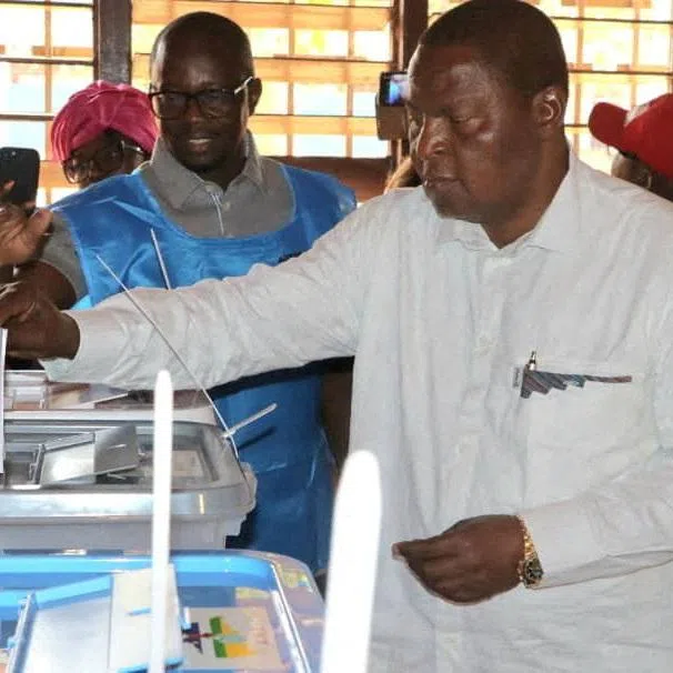 FILE PHOTO: President of the Central African Republic and United Hearts Movement presidential candidate Faustin-Archange Touadera, casts his vote during the presidential election at a polling station in Bangui, Central African Republic December 28, 2025. Central African Presidency's Press Service/Handout via REUTERS/File Photo