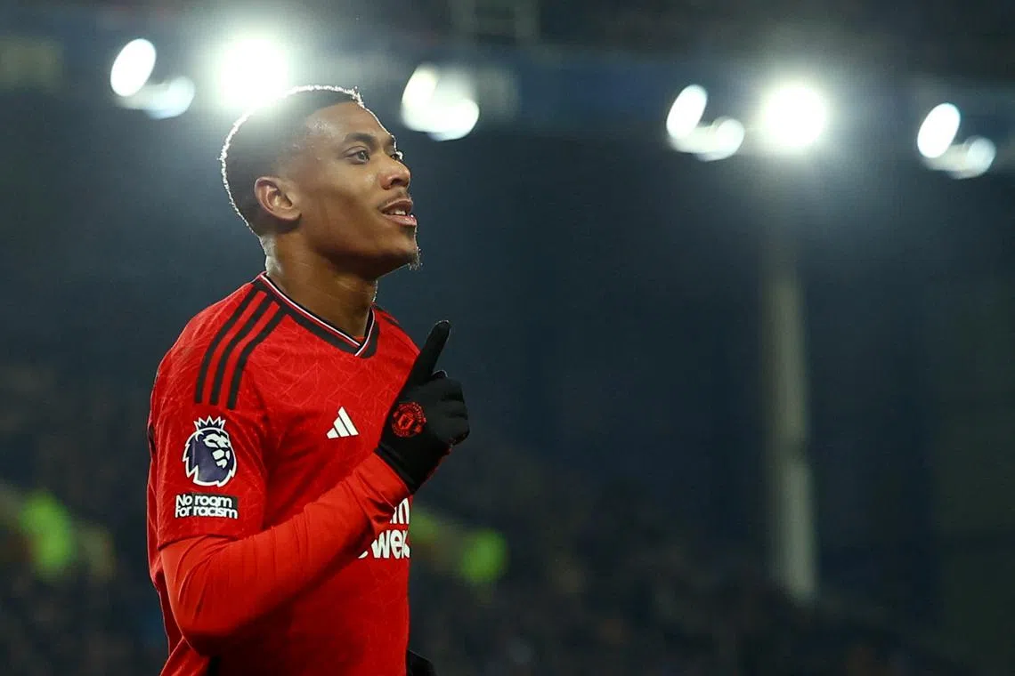 FILE PHOTO: Soccer Football - Premier League - Everton v Manchester United - Goodison Park, Liverpool, Britain - November 26, 2023 Manchester United's Anthony Martial celebrates scoring their third goal REUTERS/Molly Darlington/File Photo