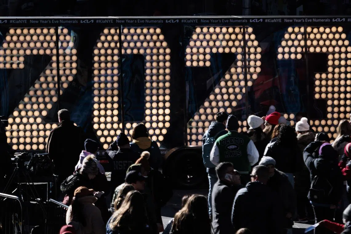 The giant numerals used for the city's annual New Year's Eve celebration, are put on display for people to see in Times Square in New York.