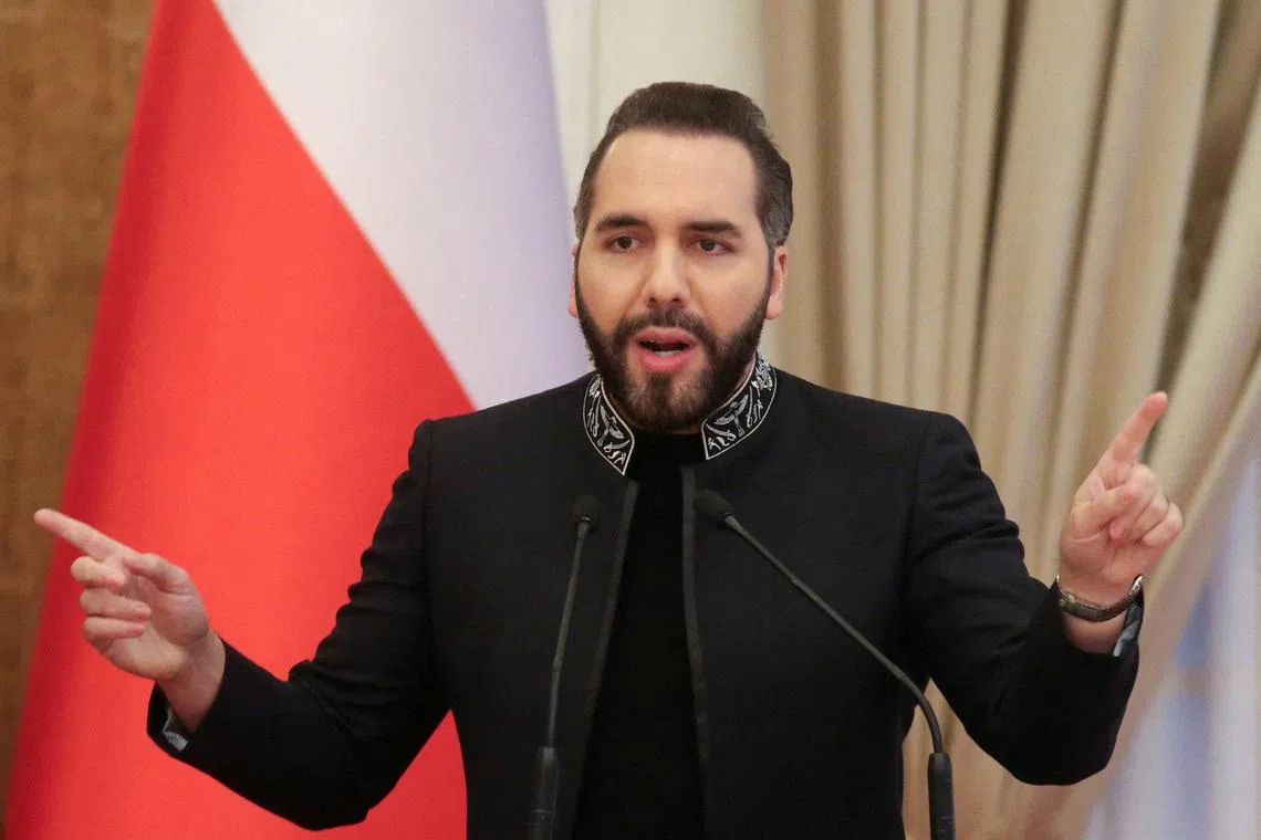 FILE PHOTO: El Salvador's President Nayib Bukele speaks during a press conference with Chile's President-elect Jose Antonio Kast (not pictured) at the Presidential House in San Salvador, El Salvador January 30, 2026. REUTERS/Jose Cabezas/File Photo