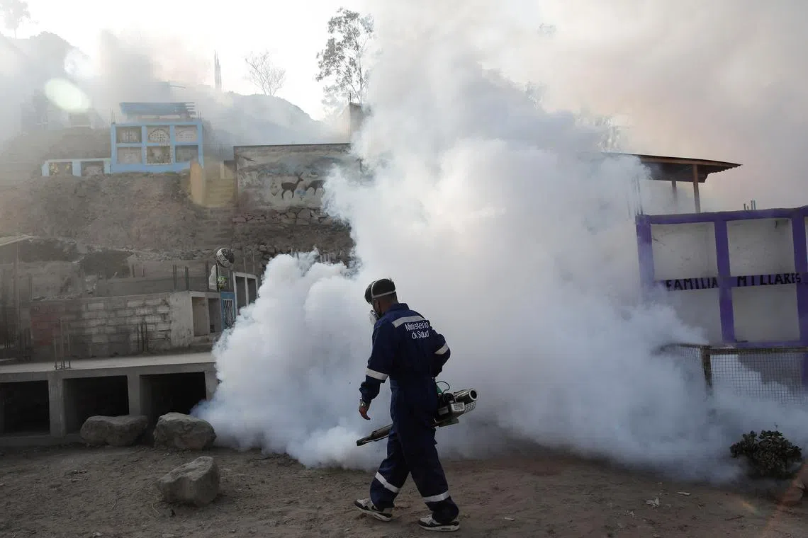 A health worker sprays fumigation vapour to stem the spread of dengue virus at the Nueva Esperanza cemetery in Lima, Peru, June 1, 2022. REUTERS/Sebastian Castaneda/File Photo