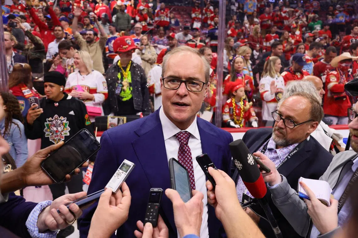 FILE PHOTO: Jun 24, 2024; Sunrise, Florida, USA; Florida Panthers head coach Paul Maurice celebrates winning the Stanley Cup after defeating the Edmonton Oilers in game seven of the 2024 Stanley Cup Final at Amerant Bank Arena. Mandatory Credit: Sam Navarro-USA TODAY Sports/File Photo