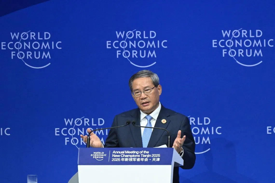 Chinese Premier Li Qiang delivers a speech during opening ceremony of the World Economic Forum Annual Meeting of the New Champions (AMNC25) in Tianjin on June 25, 2025. 