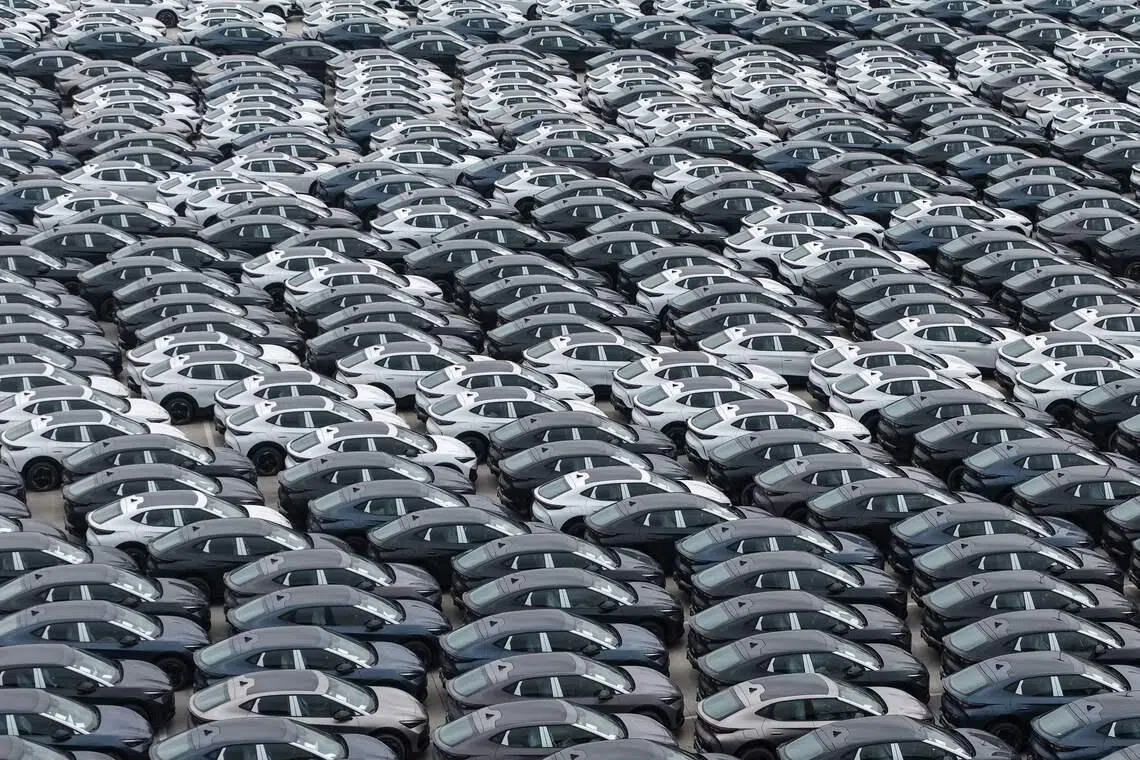 Chinese-made EV cars awaiting export are seen parked at the International Automobile Trade Port in Hangzhou in China's eastern Zhejiang province on May 25, 2026. 