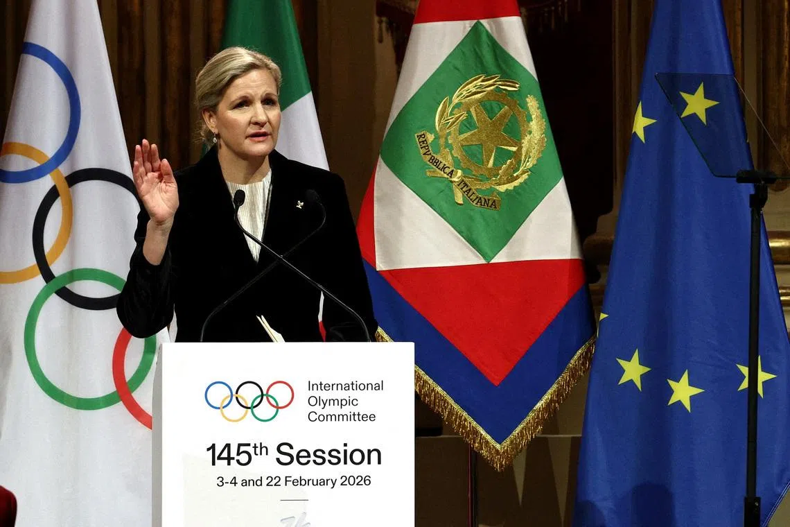 Milano Cortina 2026 Winter Olympics - Opening ceremony of the 145th IOC Session - Teatro La Scala, Milan, Italy - February 2, 2026  IOC President Kirsty Coventry during the opening ceremony REUTERS/Guglielmo Mangiapane