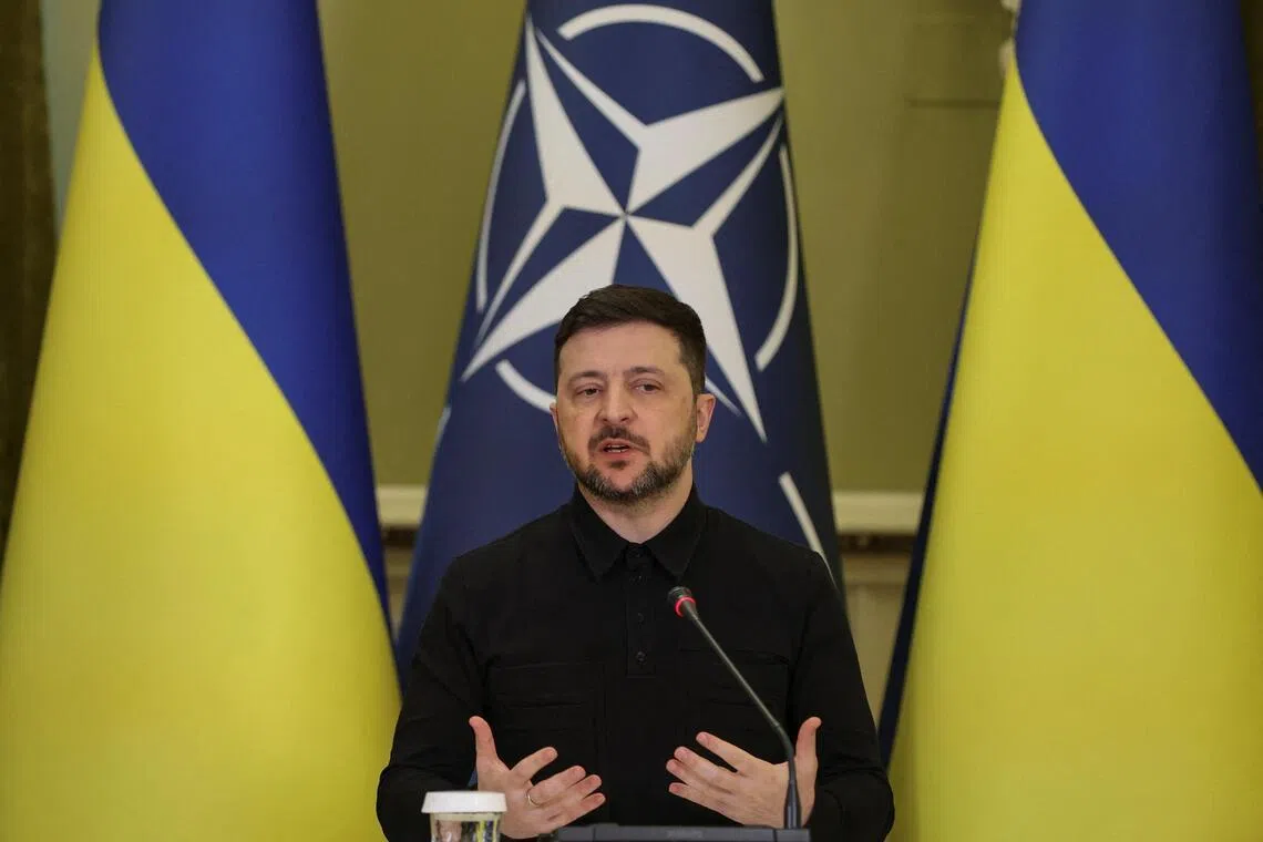 Ukrainian President Volodymyr Zelensky speaking to the media during a joint press conference with NATO Secretary-General Mark Rutte in Kyiv, Ukraine, on Feb 3.
